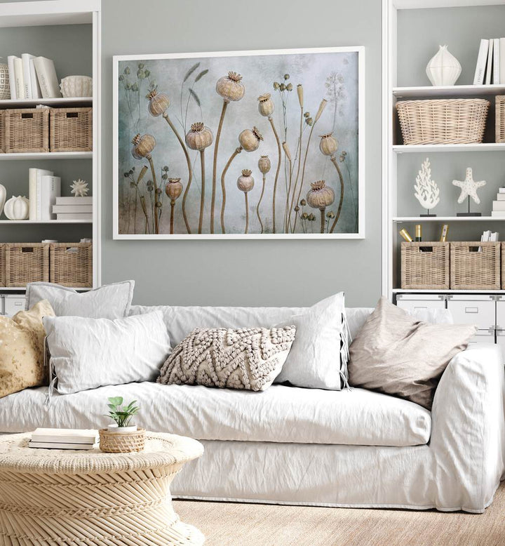 Elegant PAPAVER, FLORAL FLOWER PAINTINGS adorn a cozy living room, enhancing home decor with unique artistry.