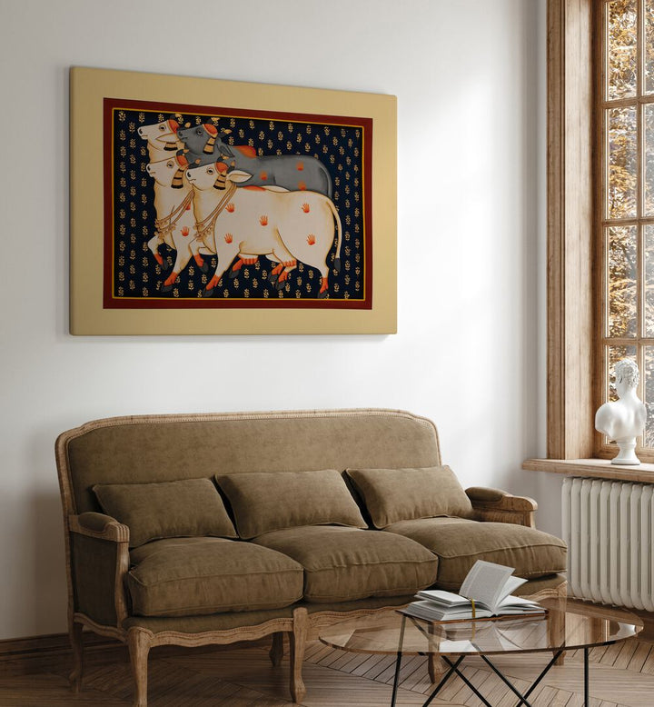 Vibrant TRADITIONAL COW , INDIAN ART PAINTINGS displayed in a cozy living room, showcasing rich cultural heritage.