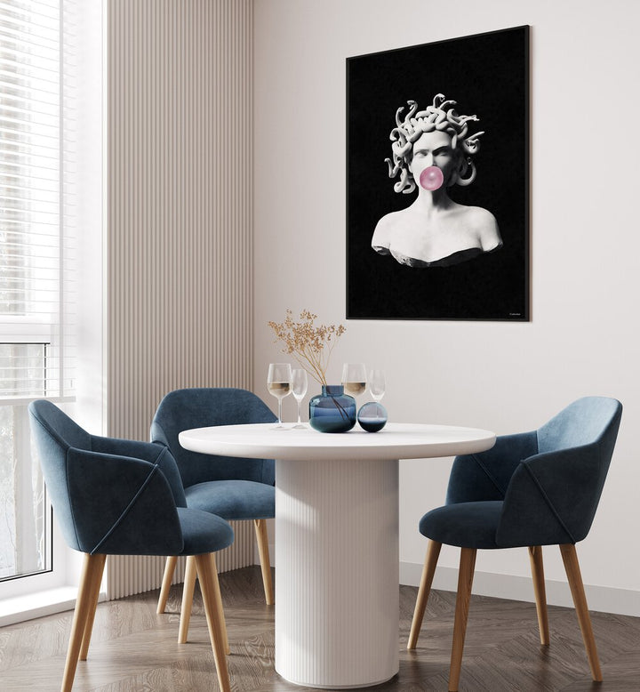 Medusa Pink Bubblegum, Altered Art Prints by Underdott, featuring a whimsical bust blowing bubblegum in stylish decor.