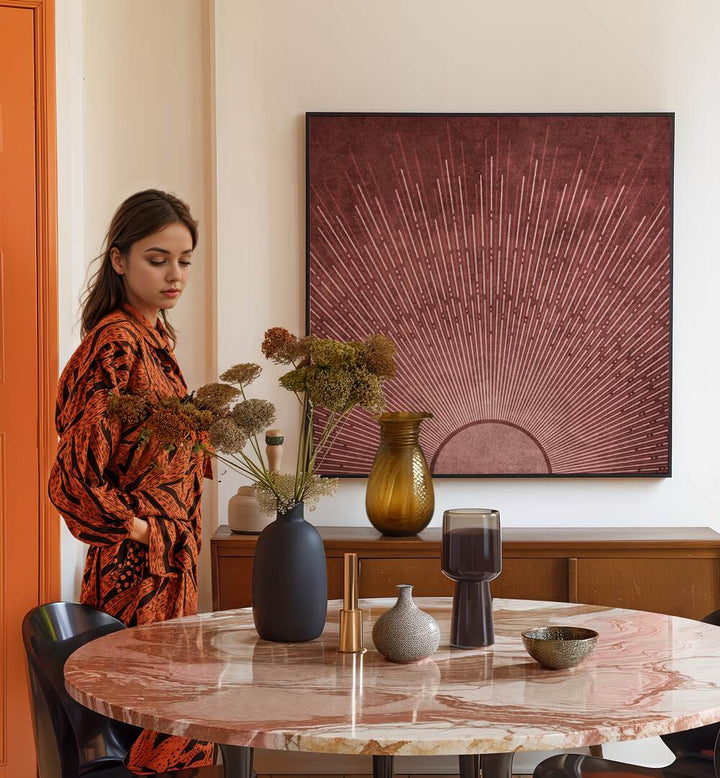 Elegant interior featuring SUN JAPON LINES, BOHO ART PAINTINGS by Emel Tunaboylu, enhancing the modern decor beautifully.