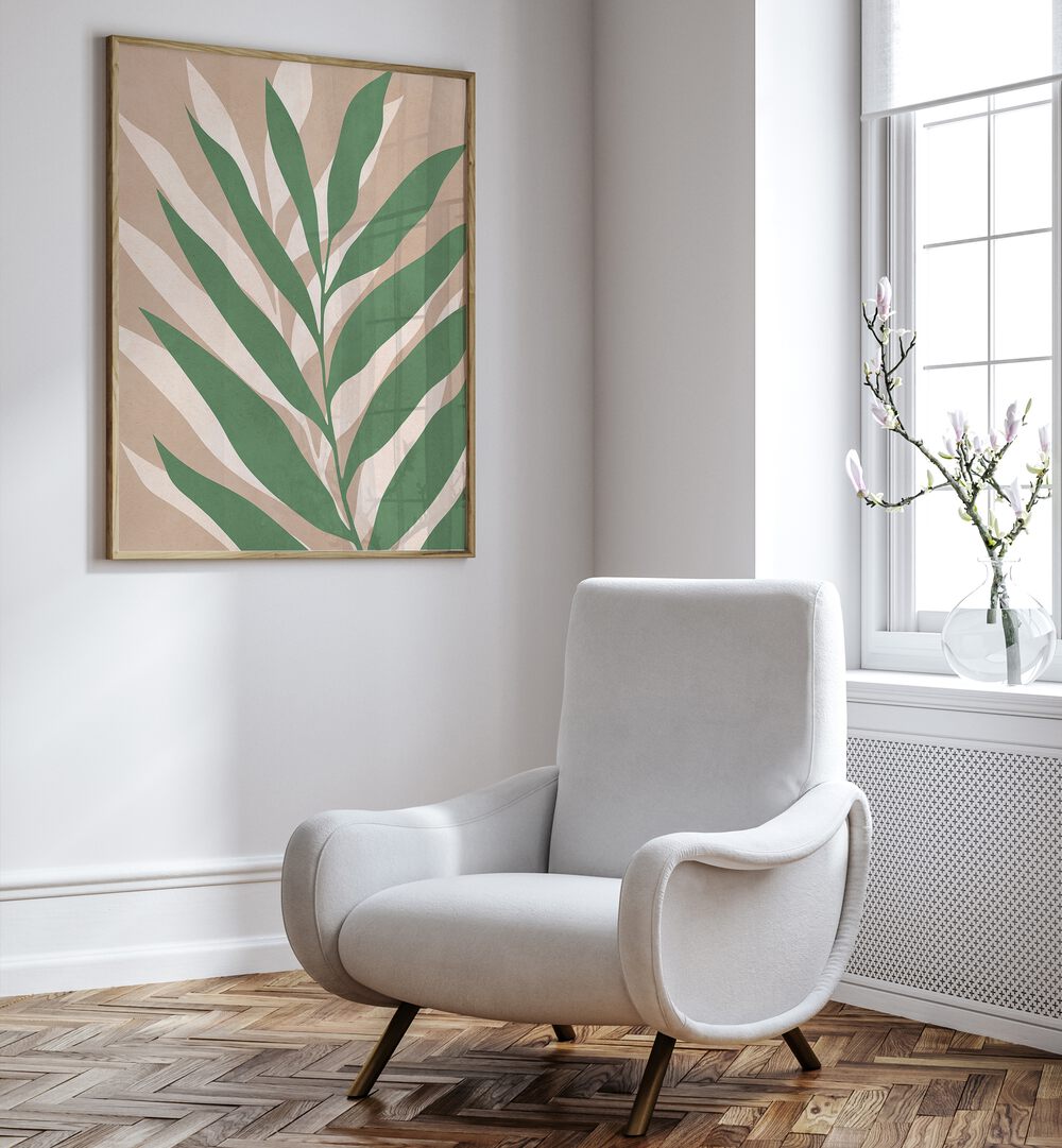 Brighten your space with TROPICAL I, BOHO ART PAINTINGS, showcasing vibrant tropical leaves in a stylish setting.