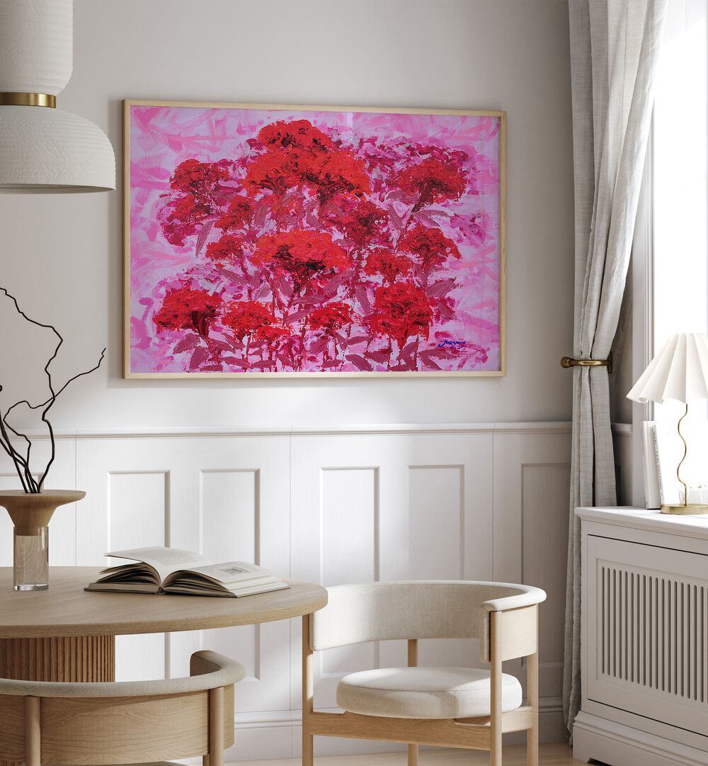 Vibrant COCKSCOMB CANVAS, FLORAL FLOWER PAINTINGS, showcasing bold red florals in a modern interior setting.