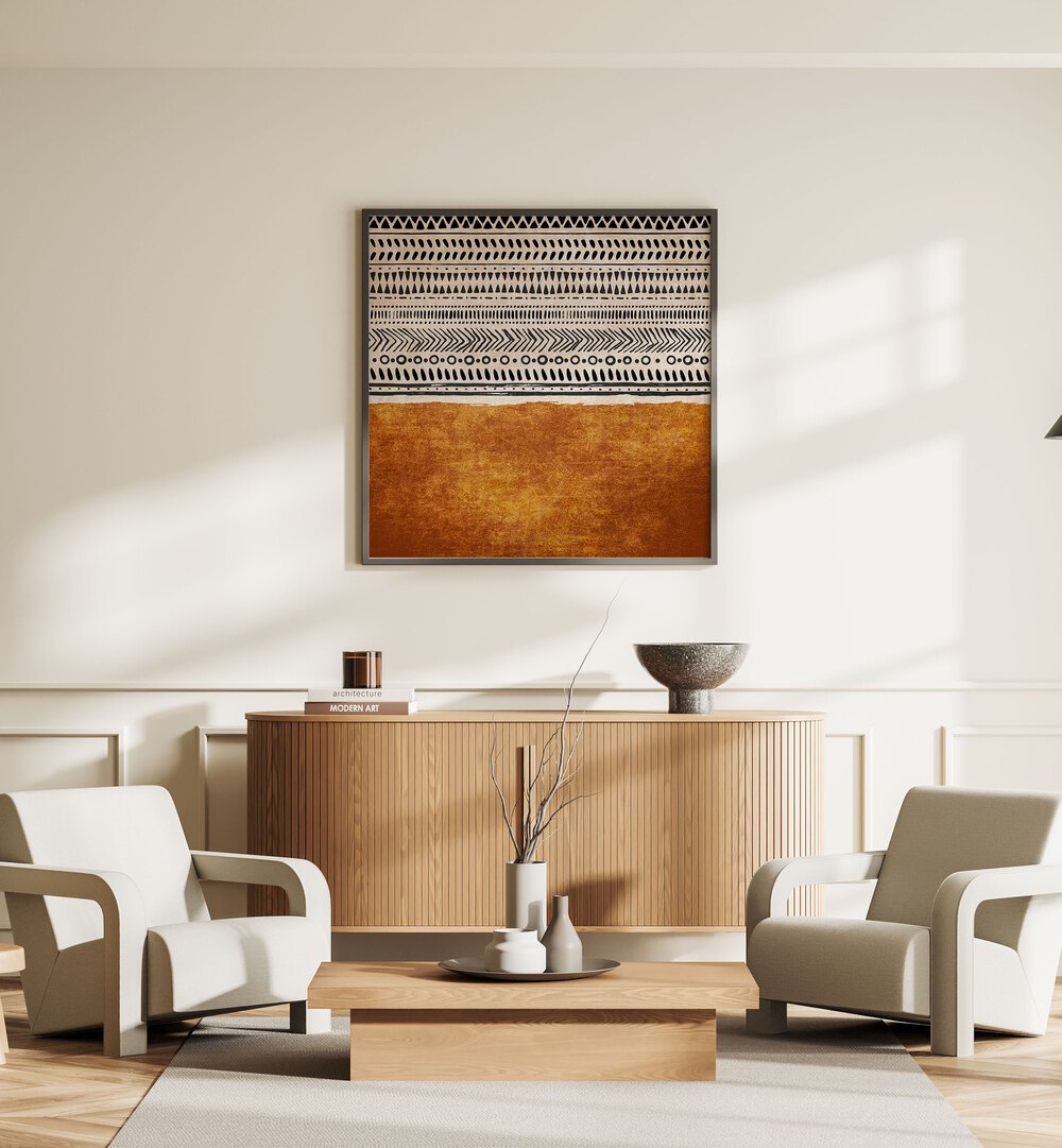 KILIM TURUNCU, BOHO ART PAINTINGS by Emel Tunaboylu enhance modern interiors with their vibrant, textured design.