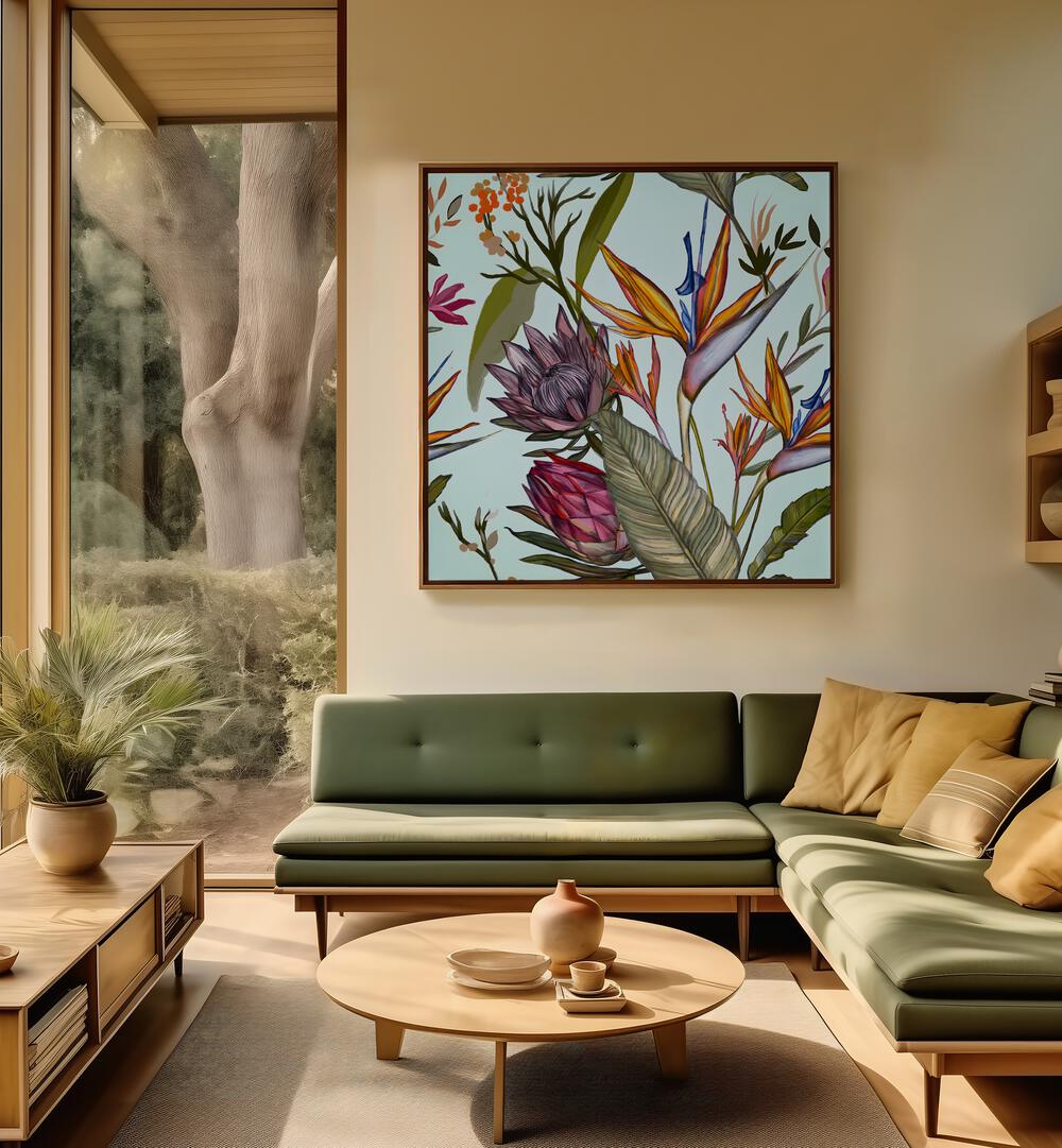 Vibrant Proteas and Iris, floral flower paintings enhancing a modern living space with natural beauty.
