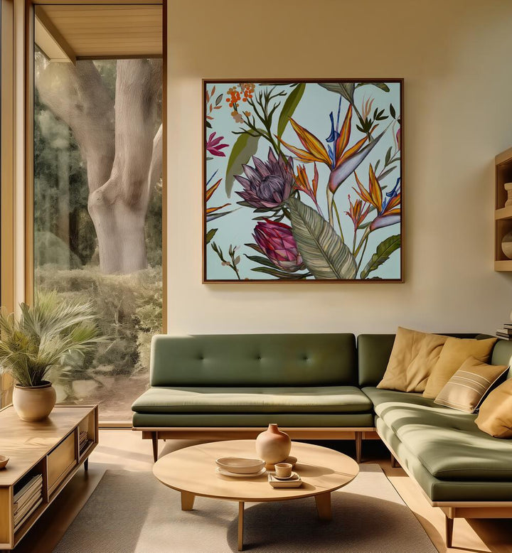 Vibrant Proteas and Iris, floral flower paintings enhancing a modern living space with natural beauty.