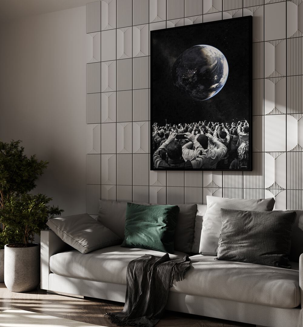Stunning OBSERVERS, SURREAL ART PRINTS displayed in a modern living room, blending reality with imagination.