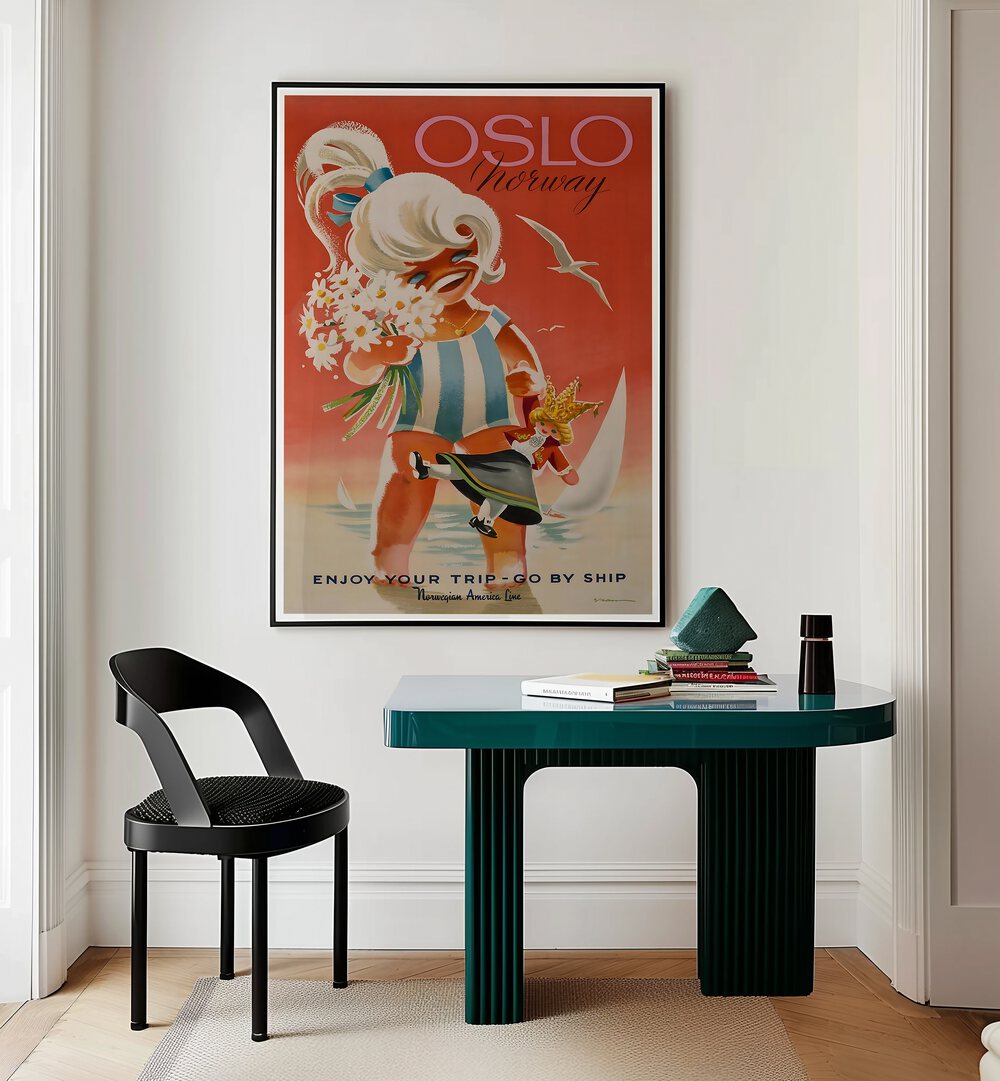 Charming OSLO, VINTAGE TRAVEL POSTERS adorn a modern space, evoking wanderlust and the beauty of Norway.