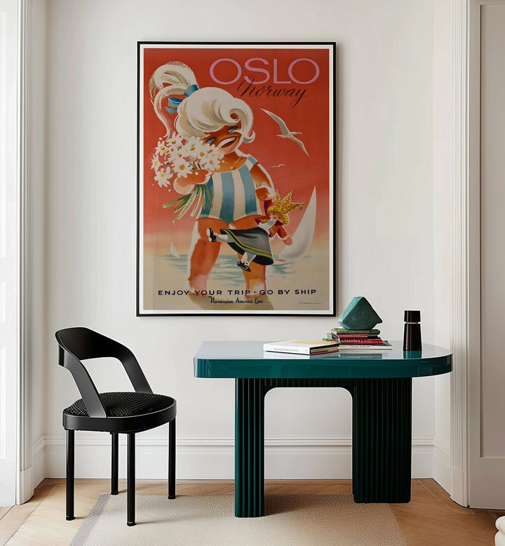 Charming OSLO, VINTAGE TRAVEL POSTERS adorn a modern space, evoking wanderlust and the beauty of Norway.