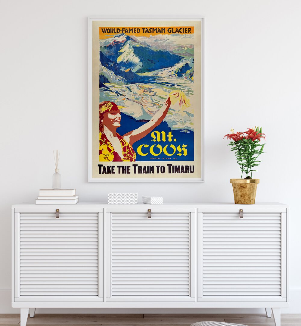 MT COOS Vintage Travel Posters showcase vibrant artwork of the Tasman Glacier, perfect for travel enthusiasts.