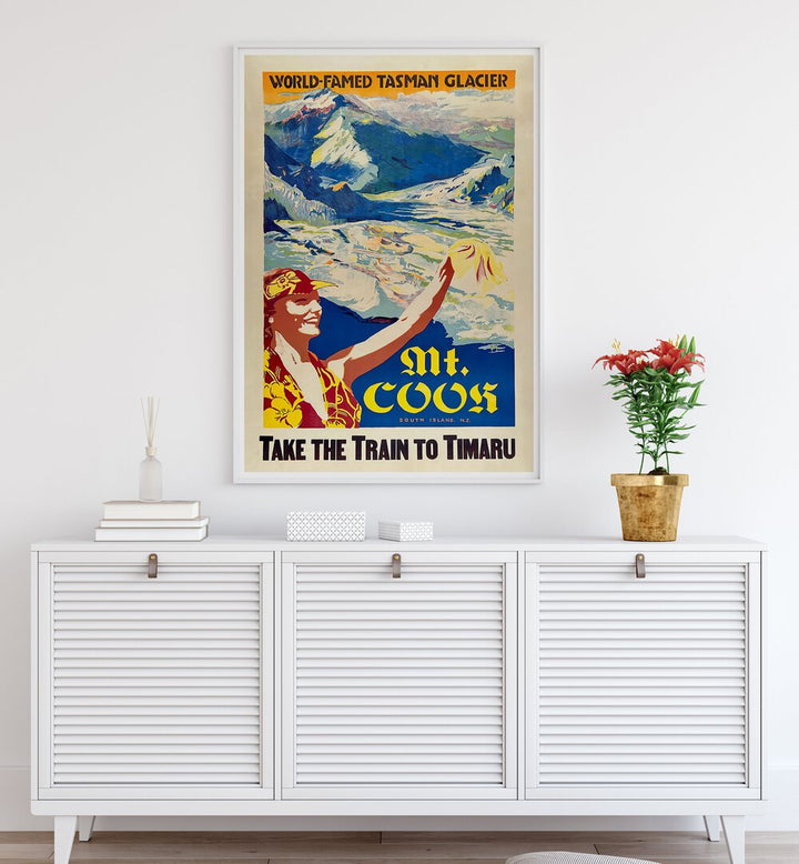 MT COOS Vintage Travel Posters showcase vibrant artwork of the Tasman Glacier, perfect for travel enthusiasts.