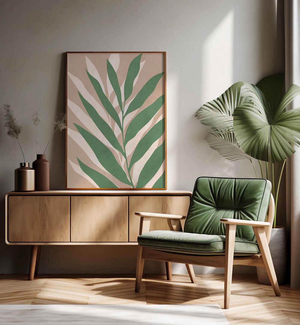 Vibrant TROPICAL I, BOHO ART PAINTINGS adorned in green leaves, enhancing home decor with exotic beauty.