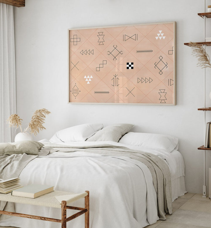 Stylish bedroom featuring SYMBOLS, BOHO ART PAINTINGS by Elena Ristova, showcasing geometric designs for modern decor.