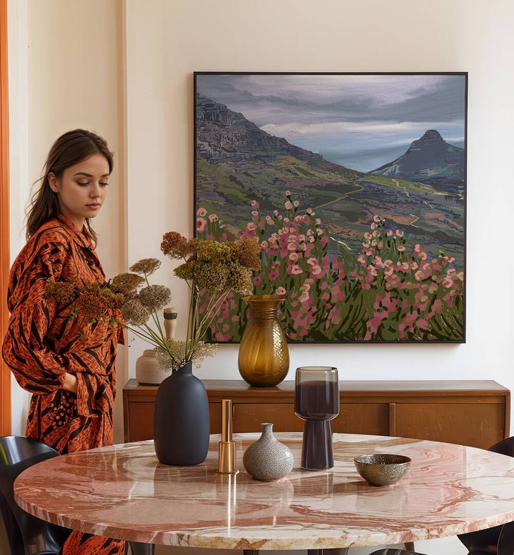 Stunning Petals and Peaks III, Landscape Paintings, enhances your space with vibrant flora and majestic peaks.