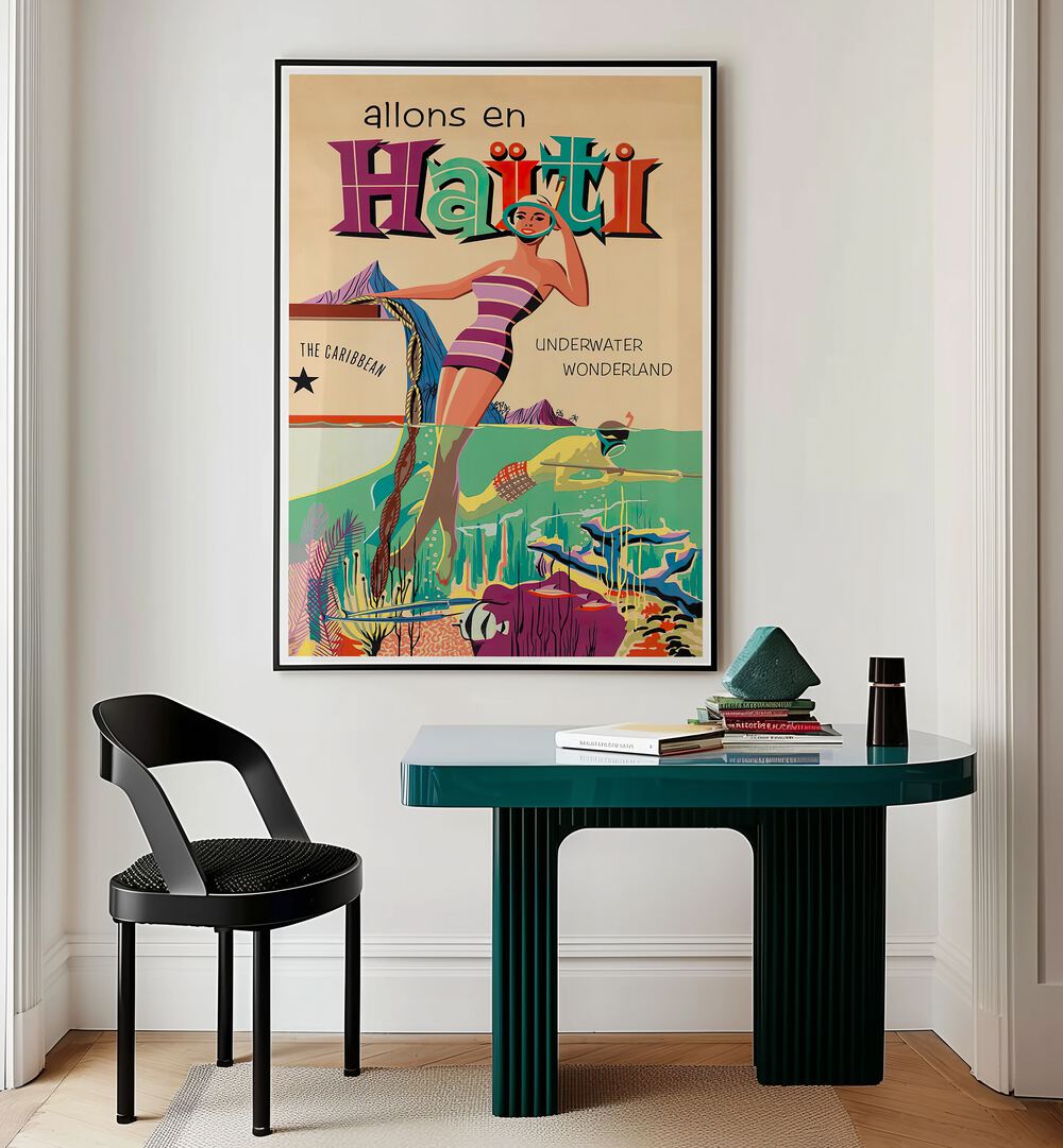ALLONS EN HAITI, VINTAGE TRAVEL POSTERS showcase vibrant Caribbean culture and beauty, perfect for any stylish space.