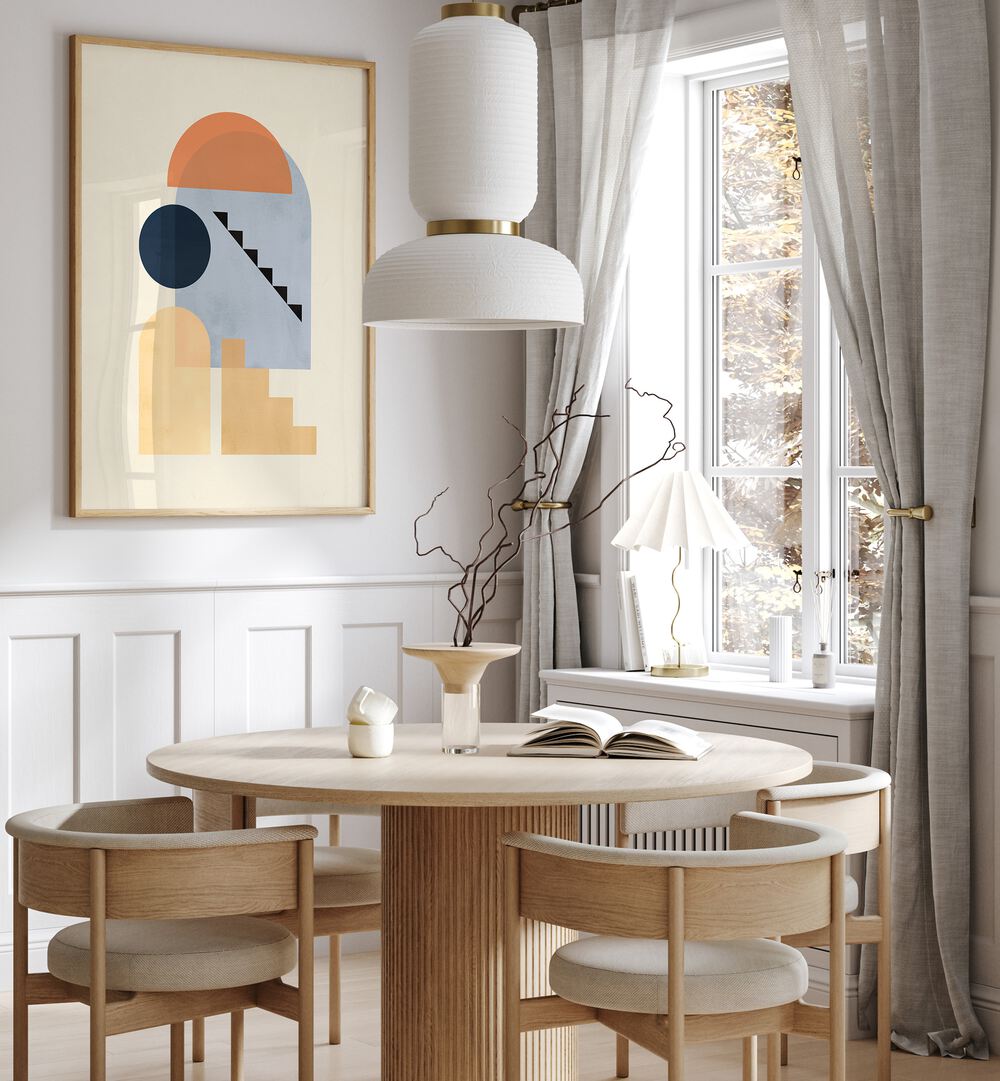 Stylish dining area featuring COMPOSITION V, BOHO ART PAINTINGS, enhancing the modern aesthetic with geometric design.