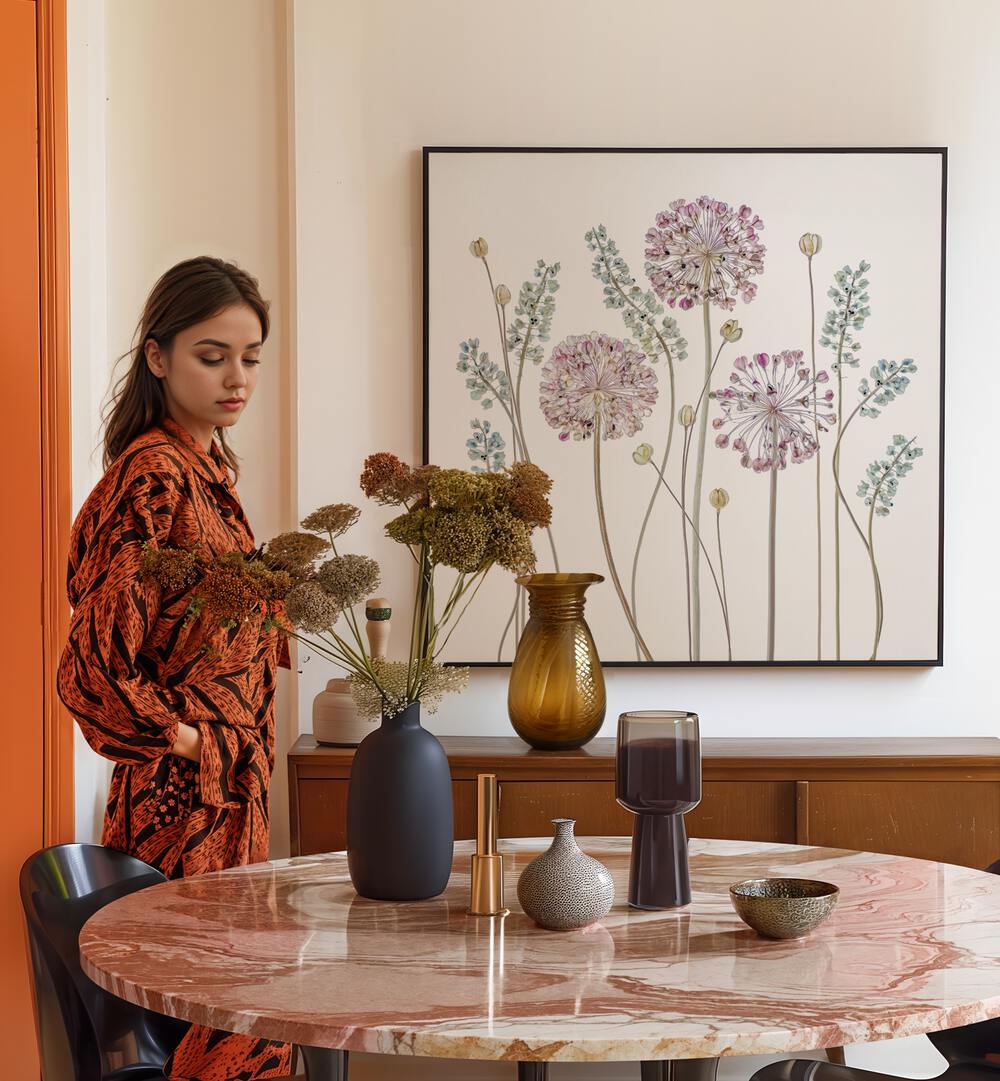 Elegant ALLIUM II, FLORAL FLOWER PAINTINGS enhance home décor, showcasing vibrant floral artistry in a stylish setting.