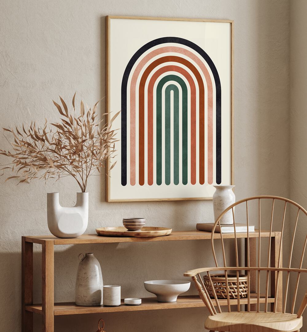 Bohemian-style decor featuring LINES AND ARCS V, BOHO ART PAINTINGS, enhancing any artistic space beautifully.