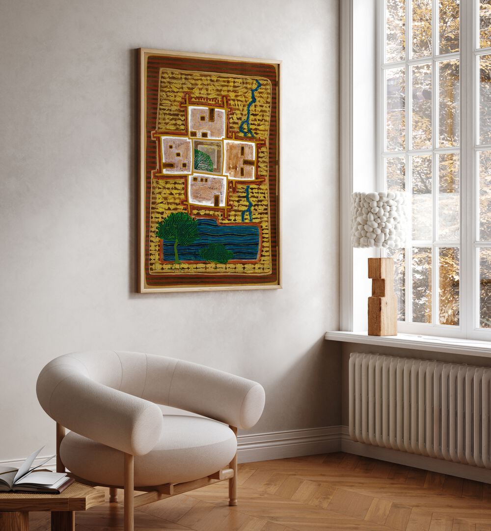 Vibrant landscape painting titled "A SHADOWY CORNER" enhances a cozy interior with natural elements.