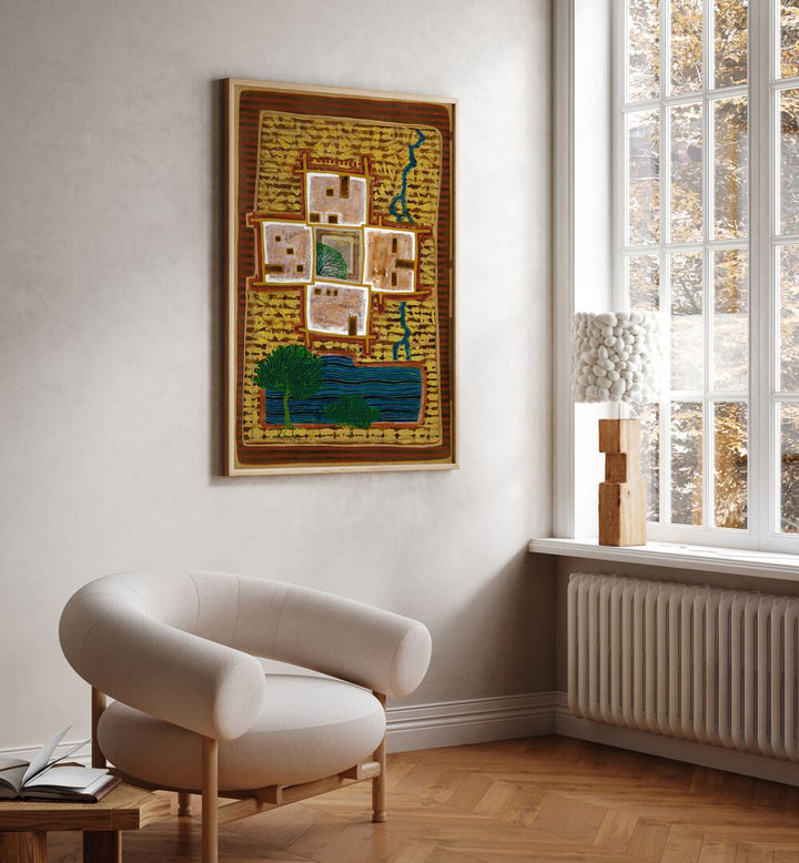 Vibrant landscape painting titled "A SHADOWY CORNER" enhances a cozy interior with natural elements.