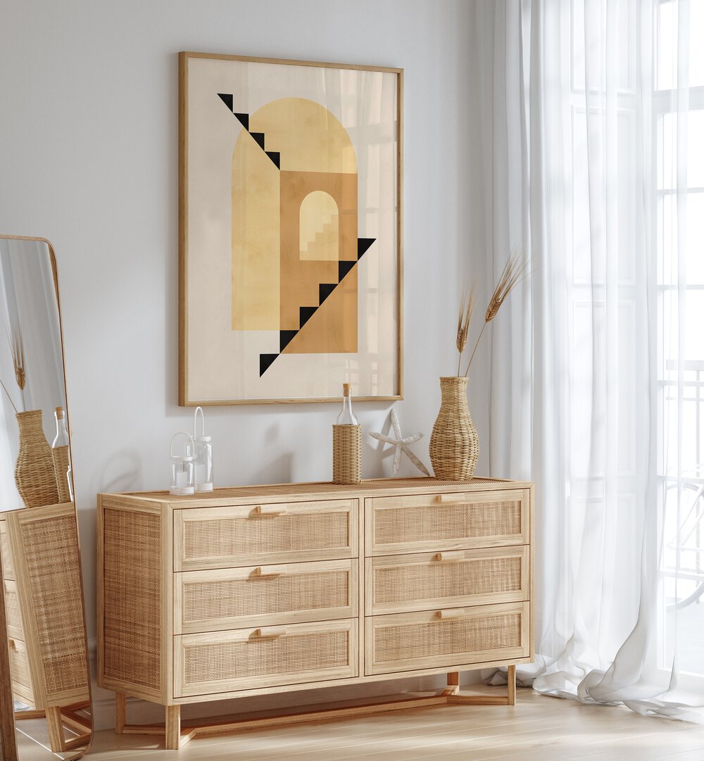 Stylish living room featuring COMPOSITION II, BOHO ART PAINTINGS, adding modern flair with vibrant geometric patterns.
