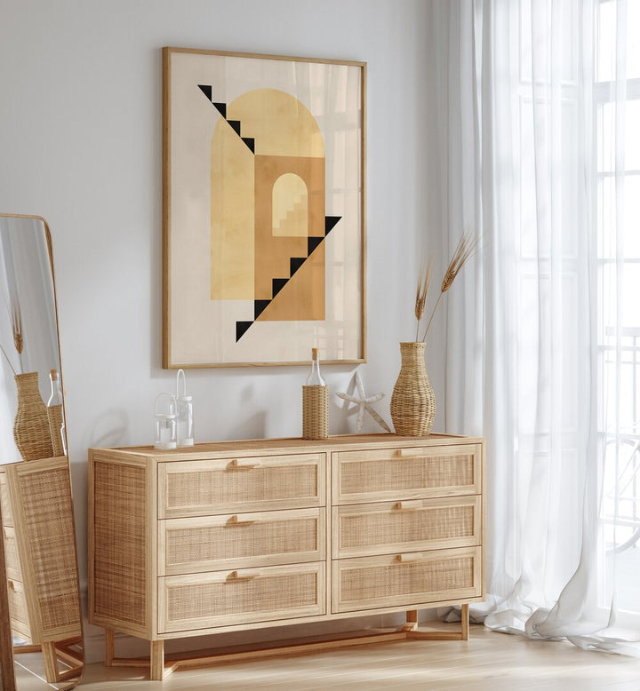 Stylish living room featuring COMPOSITION II, BOHO ART PAINTINGS, adding modern flair with vibrant geometric patterns.