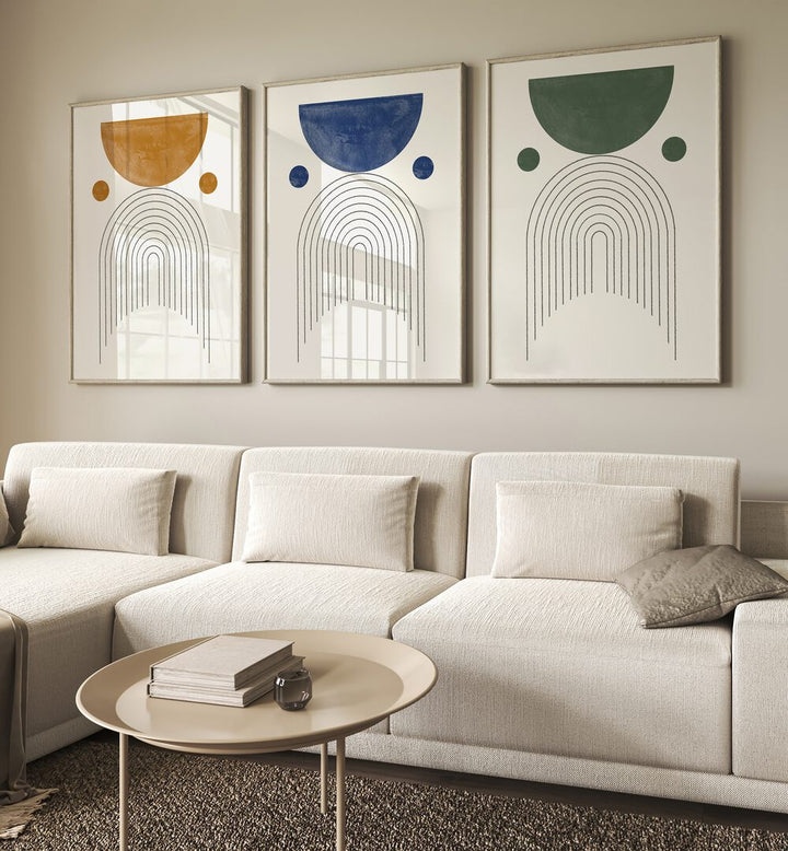 Transform your space with the GEOMETRIC PASTEL SERENADE SET, SET OF 3 PAINTINGS in soft pastel hues.