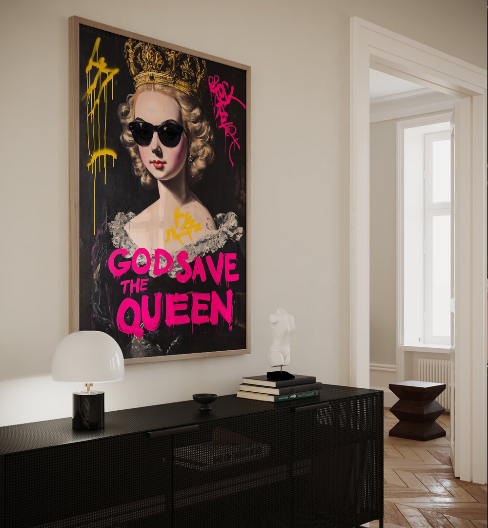 Bold God Save the Queen, Altered Art Prints showcased in a stylish living room setting, elevating home decor.