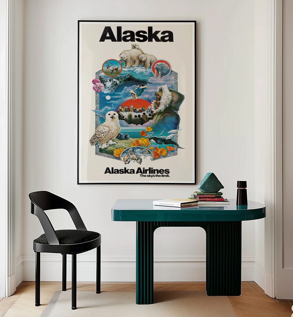 Stunning ALASKA I, VINTAGE TRAVEL POSTERS adorn your wall, capturing the adventure spirit and Alaska's breathtaking beauty.
