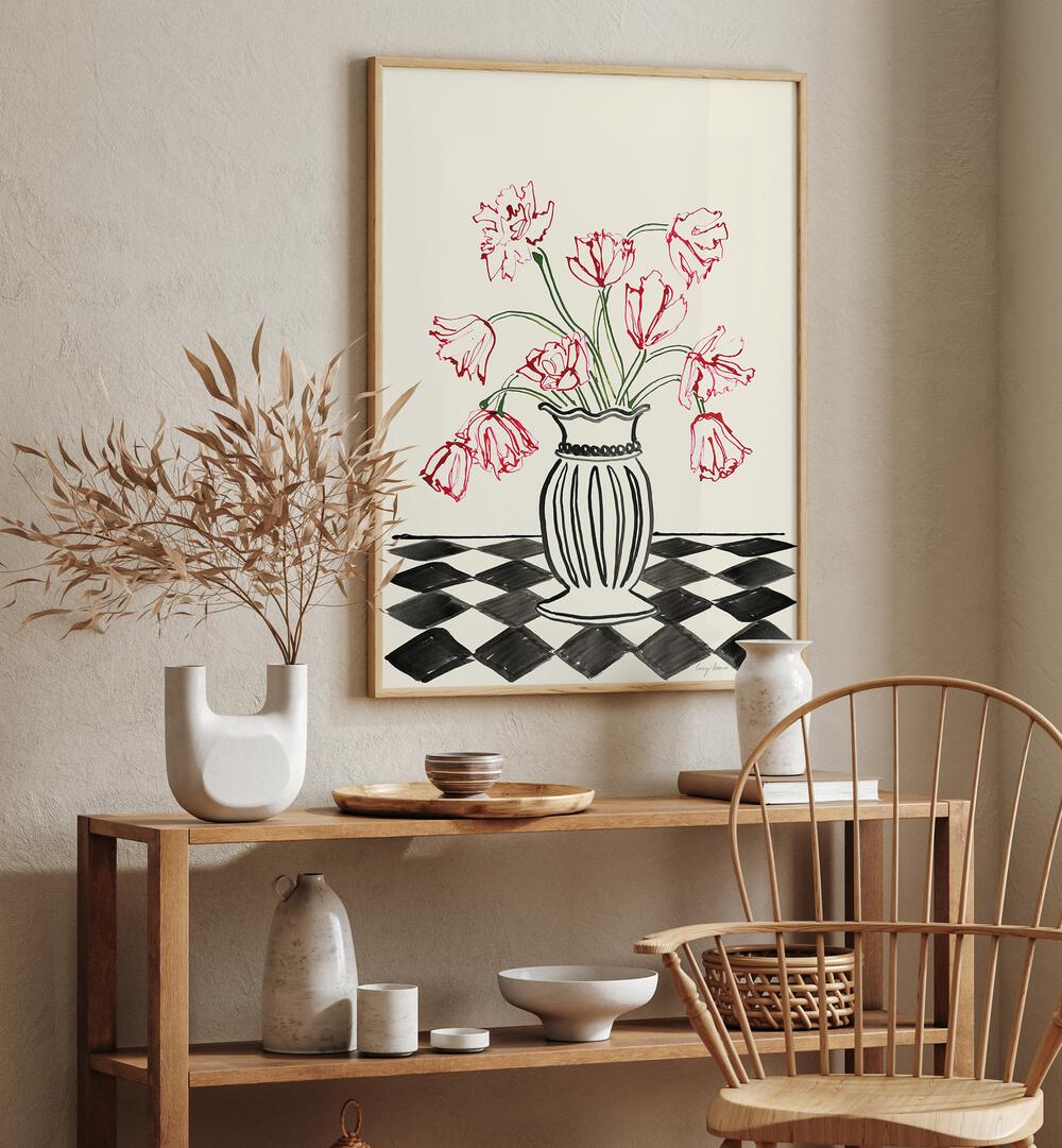 Artistic depiction of PINK TULIPS IN VASE, FLORAL FLOWER PAINTINGS, enhancing modern home decor beautifully.
