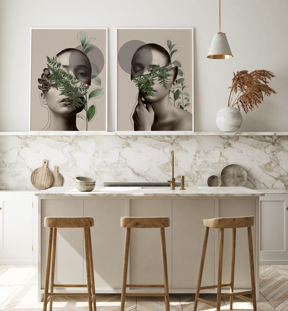 Decorate your space with the FLORA VEILED FACES SET, SET OF 2 PAINTINGS, featuring elegant botanical and figurative art.