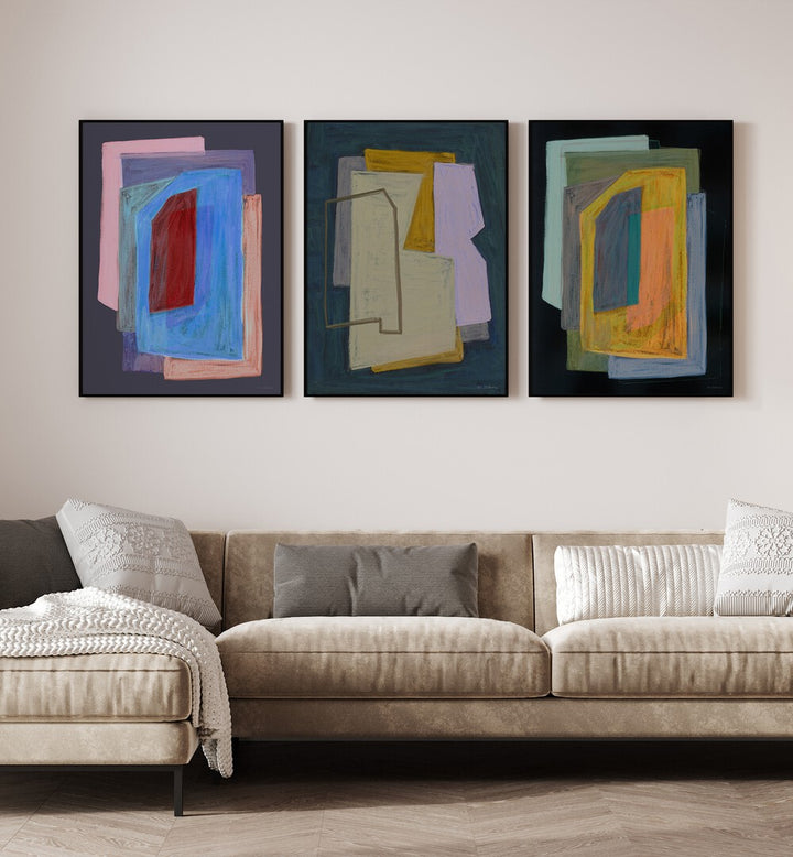 Elevate your decor with the LAYERED ABSTRACT DIMENSIONS SET, SET OF 3 PAINTINGS, perfect for any modern living space.