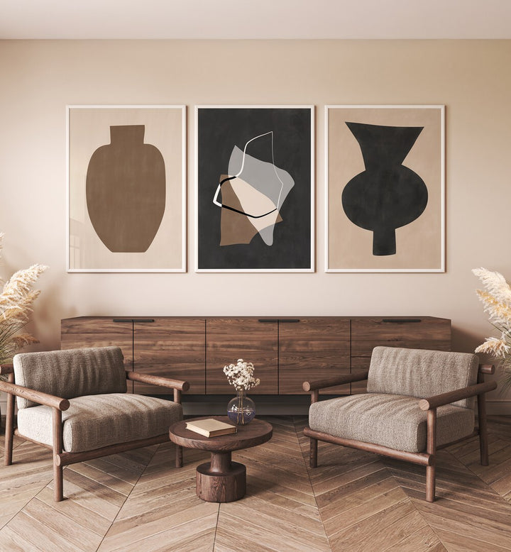 Elevate your decor with the EARTHEN ELEGANCE SET, SET OF 3 PAINTINGS showcasing earthy tones and organic shapes.
