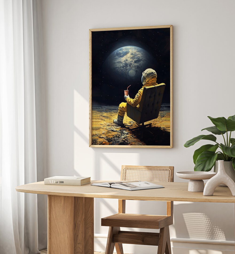 Surreal MOON BREAK, ALTERED ART PRINTS by Dikhotomy, depicting an astronaut in a chair gazing at Earth.
