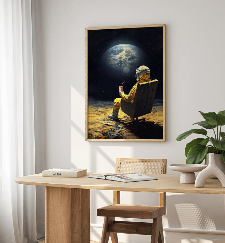 Surreal MOON BREAK, ALTERED ART PRINTS by Dikhotomy, depicting an astronaut in a chair gazing at Earth.