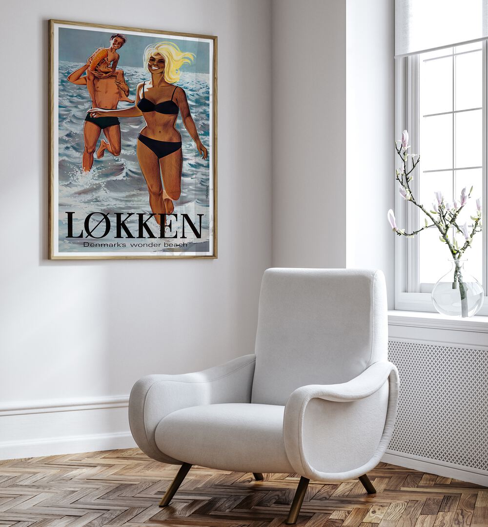 Vintage travel poster featuring LOKKEN BEACH DENMARK, showcasing a nostalgic seaside scene. Perfect for decor.