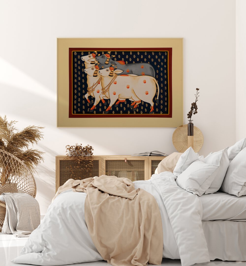 Vibrant TRADITIONAL COW , INDIAN ART PAINTINGS displayed in a stylish home setting, celebrating India's rich culture.