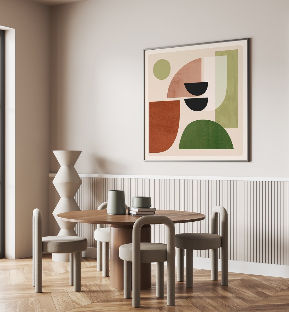 Stylish living space featuring ABSTRACT MINIMAL SHAPES III, BOHO ART PAINTINGS, enhancing modern bohemian decor.