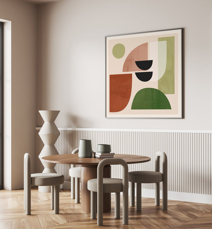 Stylish living space featuring ABSTRACT MINIMAL SHAPES III, BOHO ART PAINTINGS, enhancing modern bohemian decor.