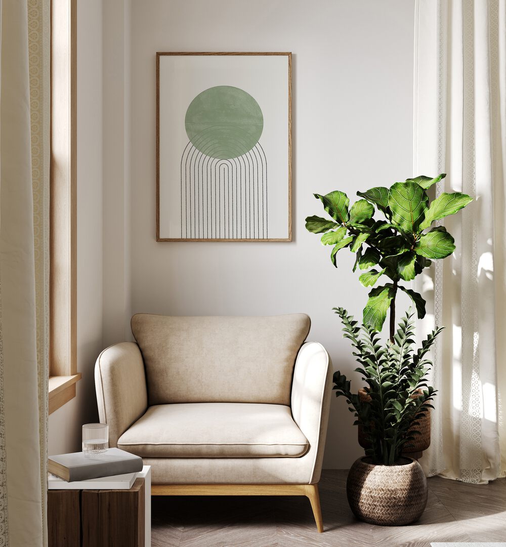 Stylish corner featuring GREEN ABSTRACT, BOHO ART PAINTINGS from The Miuus Studio, enhancing modern decor.