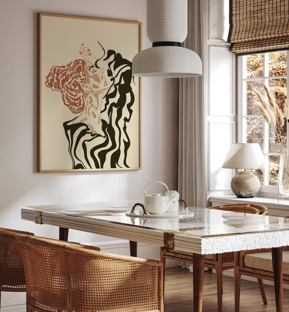 Stylish woman in a striped blouse, showcased in boho art paintings, perfect for modern, chic decor.