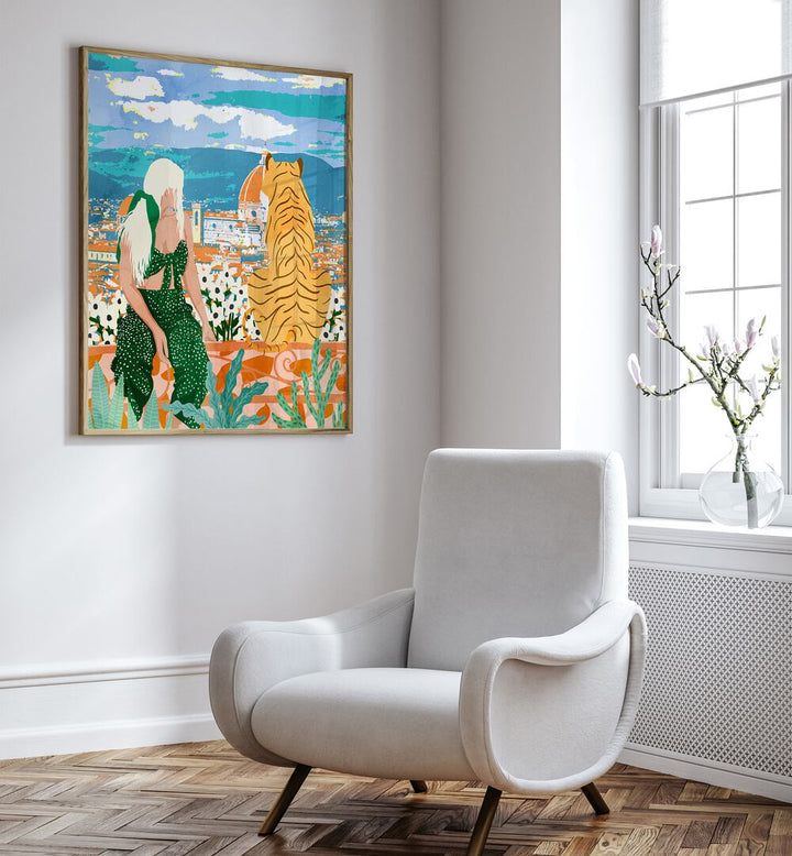 Stylish interior featuring "THE ITALIAN VIEW, PORTRAITS" by Uma Gokhale, showcasing vibrant landscapes and figures.