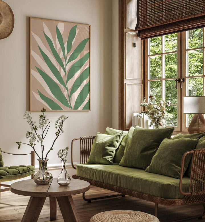 Vibrant TROPICAL I, BOHO ART PAINTINGS enhance a cozy room with exotic designs and lush green tones.