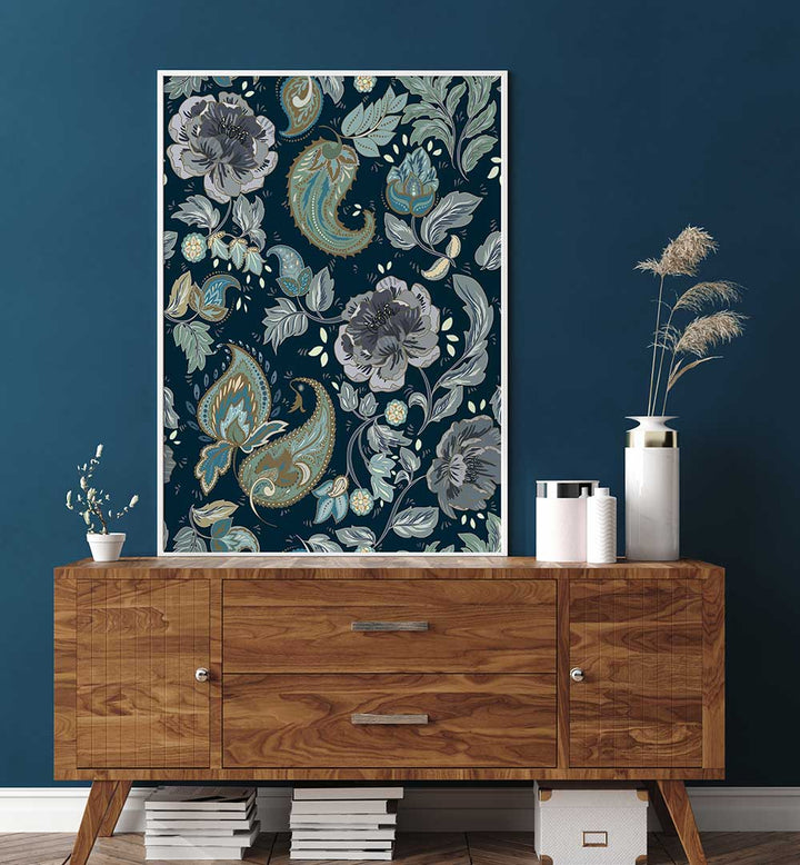 Enhance your decor with MOONSHINE BLUE, PATTERN ART PRINTS featuring elegant floral designs on a deep backdrop.