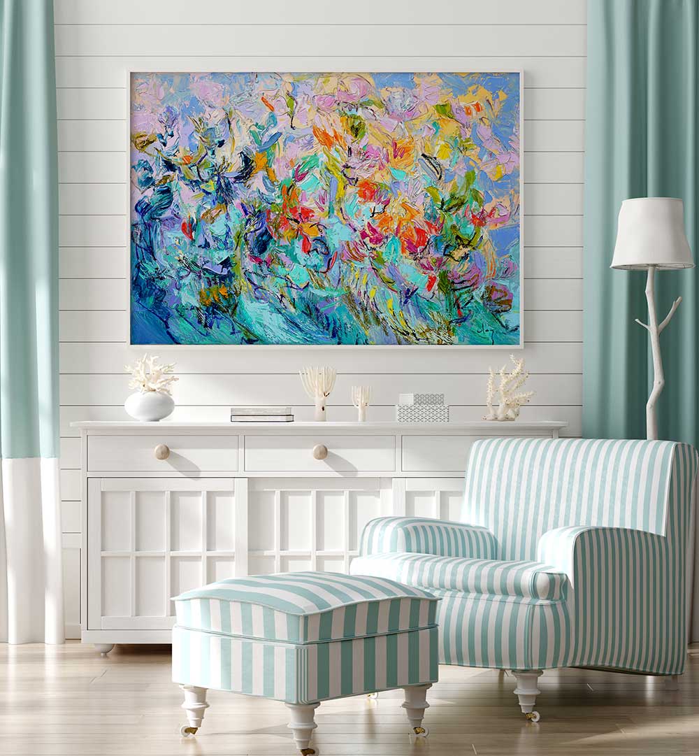 White console and striped chair with RADIANT FLORAL HARMONY , FLORAL FLOWER PAINTINGS displaying vibrant textured blooms