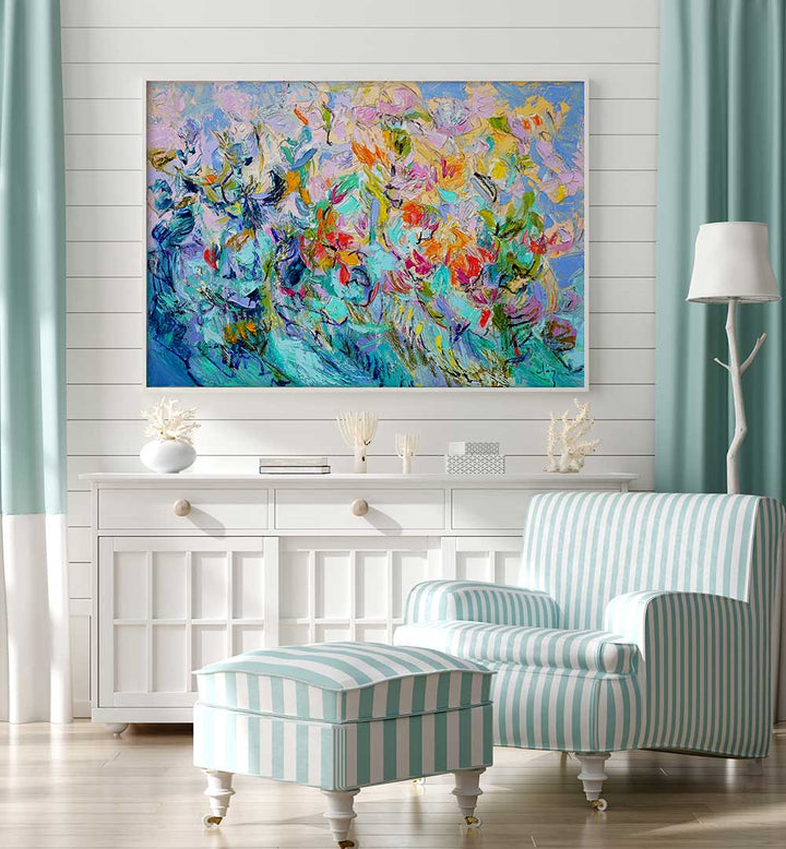 White console and striped chair with RADIANT FLORAL HARMONY , FLORAL FLOWER PAINTINGS displaying vibrant textured blooms