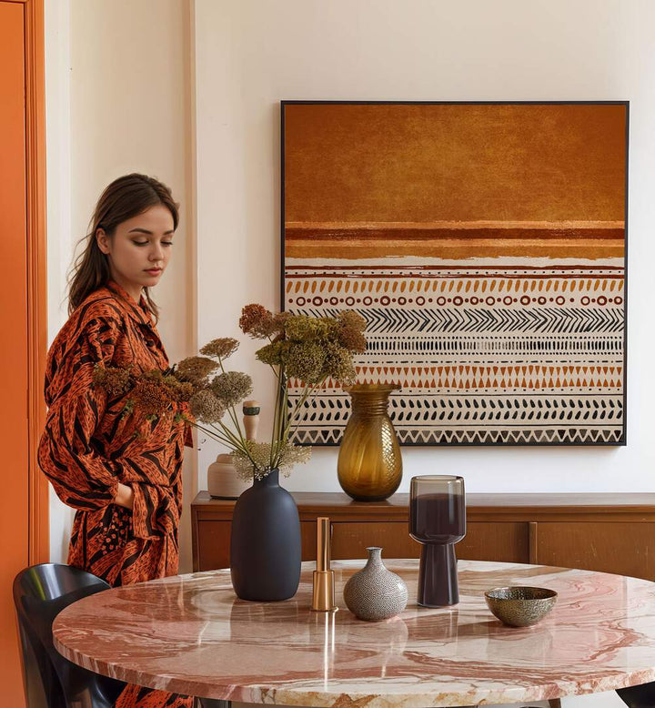 KILIM TURUNCU II, BOHO ART PAINTINGS enrich a stylish interior with vibrant colors and geometric patterns.