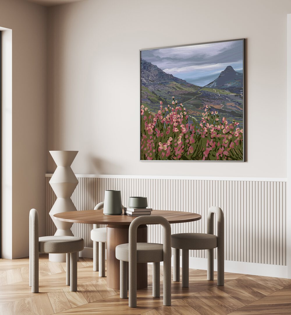 Transform your space with PETALS AND PEAKS III, LANDSCAPE PAINTINGS, showcasing vibrant flora and majestic mountains.