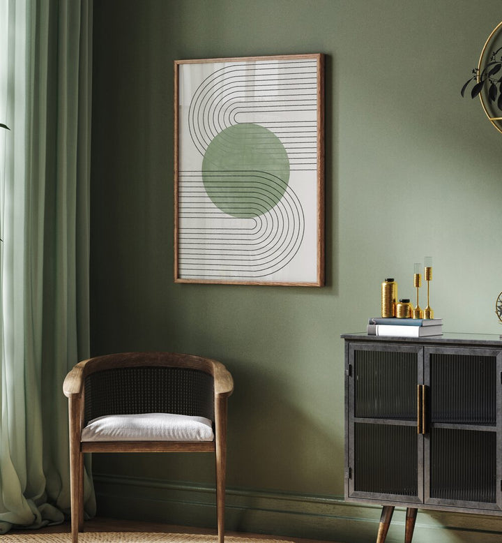 Stylish green abstract painting, GREEN BALANCE NO.V, perfect for boho art lovers to enhance any living space.