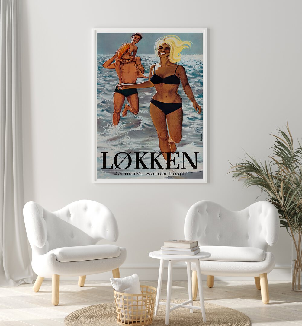 Explore LOKKEN BEACH DENMARK with this vibrant vintage travel poster, celebrating its nostalgic charm and beauty.