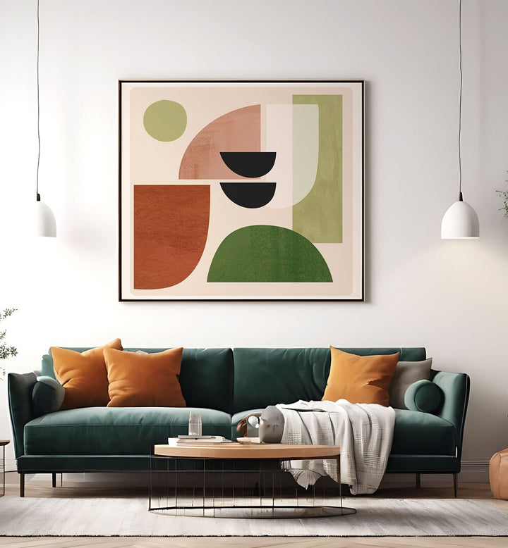 Stylish living room showcasing ABSTRACT MINIMAL SHAPES III, BOHO ART PAINTINGS, enhancing bohemian decor beautifully.